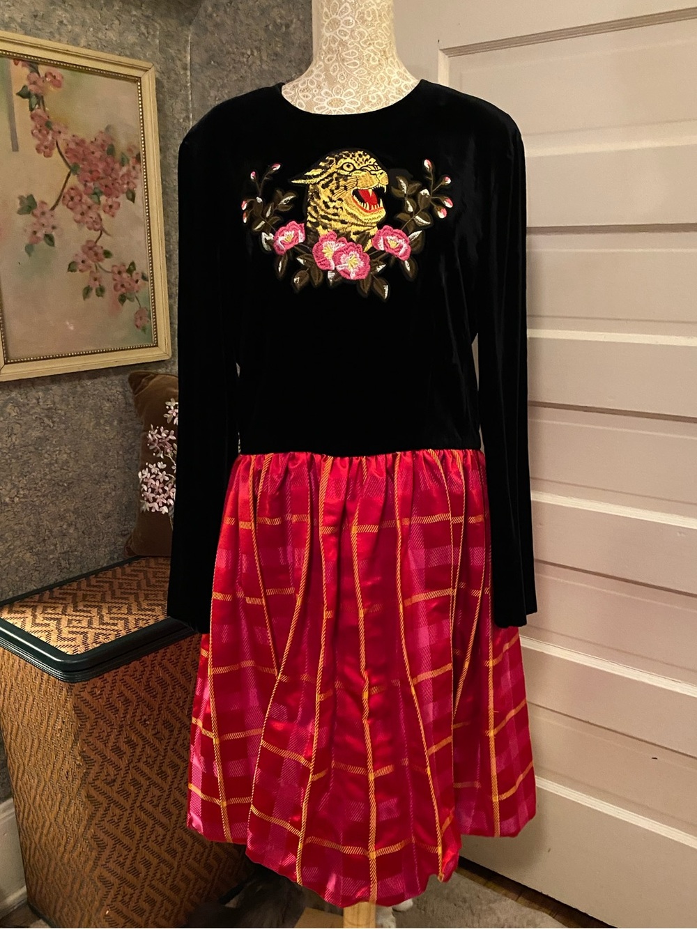 Vtg 90’s Escada black velvet & red plaid satin dress / embroidered tiger sz 42